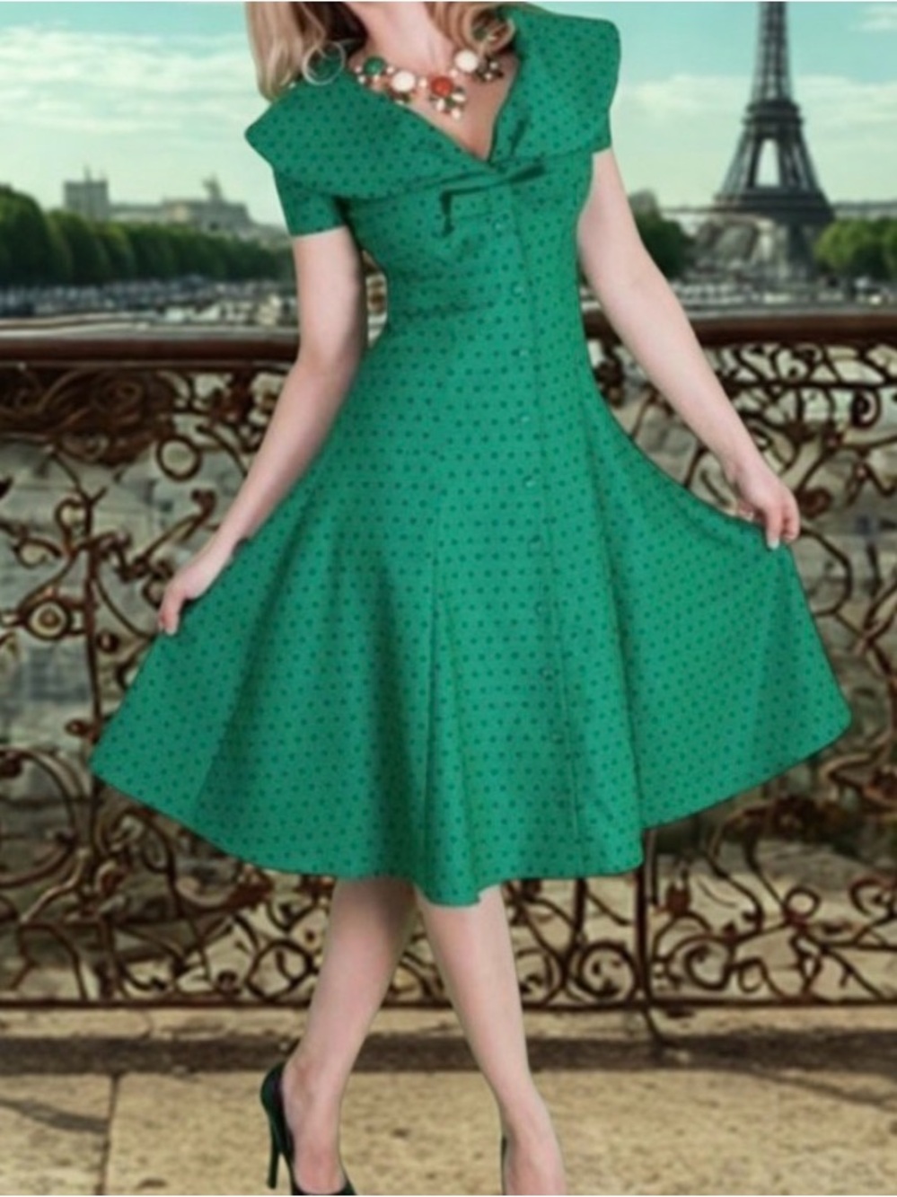 Tatyana Emerald Green Polka Dot Midi Dress with Bow